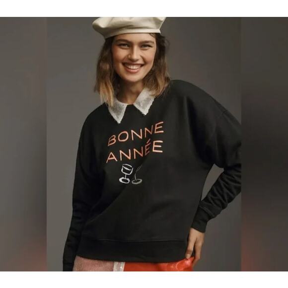 Anthropologie Phthalo Ruth Crew Sweatshirt Medium Navy Blue Bonne Annee Preppy - Picture 1 of 5